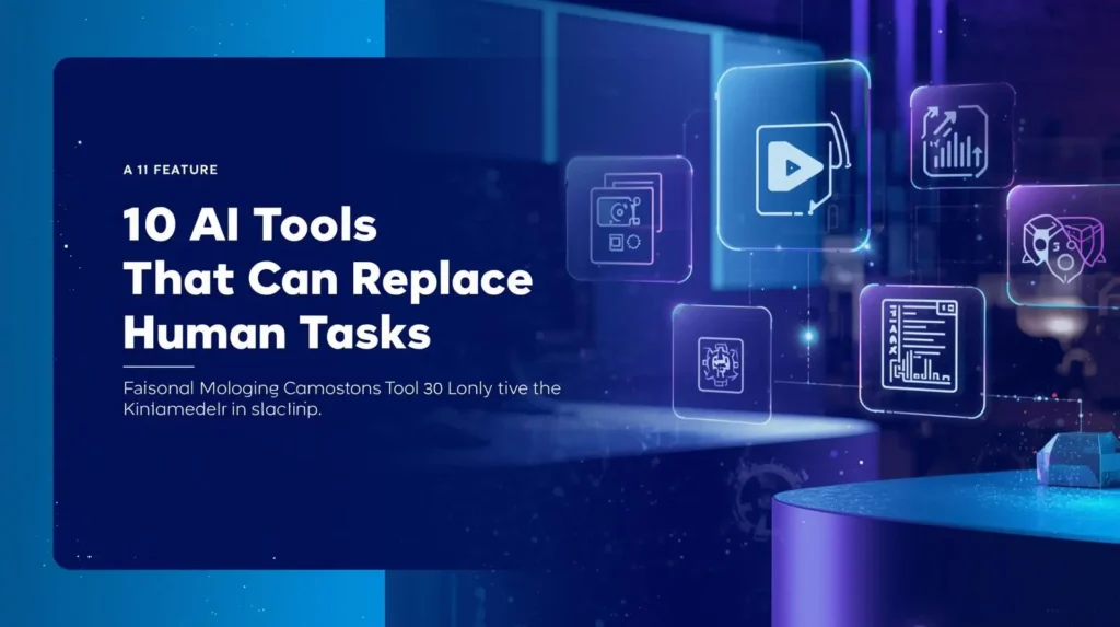 AI tools like ChatGPT, Grammarly, Jasper, Canva, and others replacing human tasks with futuristic digital icons in a modern workspace.