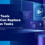 AI tools like ChatGPT, Grammarly, Jasper, Canva, and others replacing human tasks with futuristic digital icons in a modern workspace.