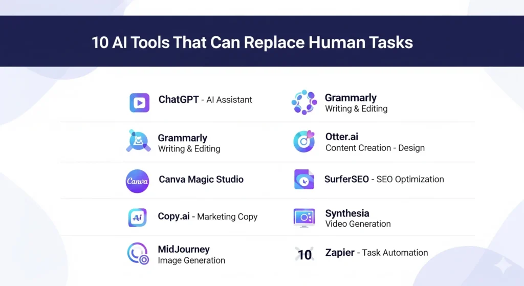 10 AI tools that can replace human tasks including ChatGPT, Grammarly, Jasper AI, Canva, Otter.ai, SurferSEO, Copy.ai, Synthesia, MidJourney, and Zapier