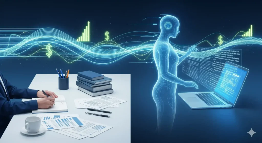 AI-powered copywriting illustration showing a writer working with an AI assistant generating text on a laptop, symbolizing saving time and boosting earnings