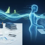 AI-powered copywriting illustration showing a writer working with an AI assistant generating text on a laptop, symbolizing saving time and boosting earnings