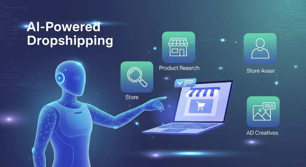 image for AI-powered dropshipping blog showing AI assistant, online store, and icons for product research, store creation, customer avatars, and ad creatives.