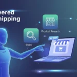 image for AI-powered dropshipping blog showing AI assistant, online store, and icons for product research, store creation, customer avatars, and ad creatives.