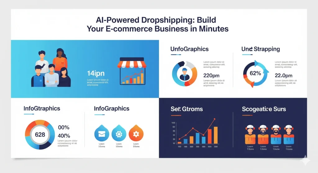 Infographic showing AI-powered dropshipping workflow – from traditional challenges to AI advantages, product research, store creation, customer avatars, ad creatives, and key takeaways for e-commerce success.