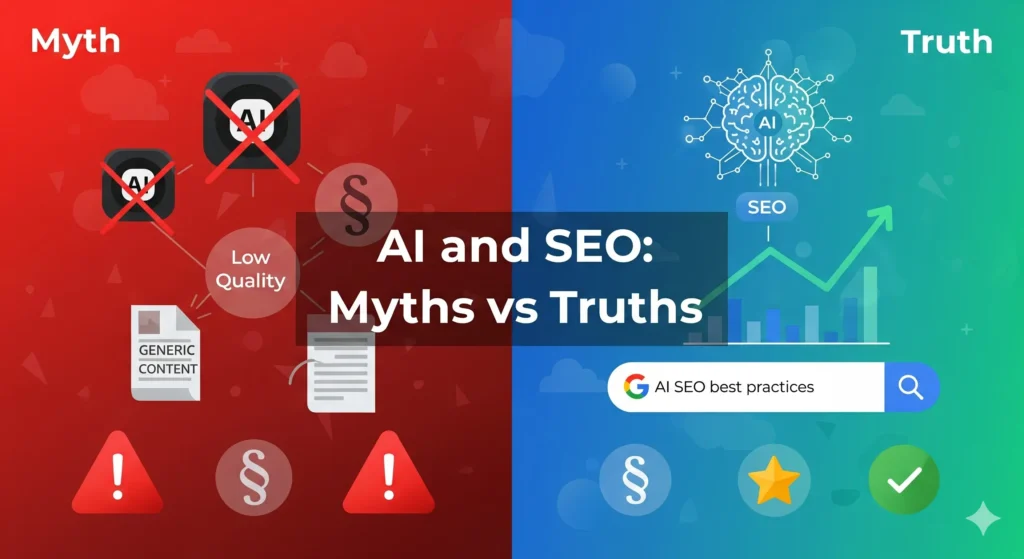 image showing AI and SEO myths vs truths, with icons of AI brain, search engine graphs, and warnings against AI detection tools.