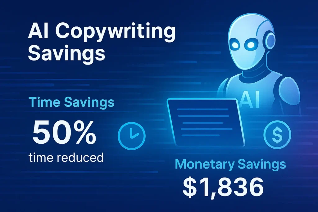 Infographic on AI-powered copywriting savings showing 50% time reduction and $1,836 monthly monetary savings with AI tools like ChatGPT