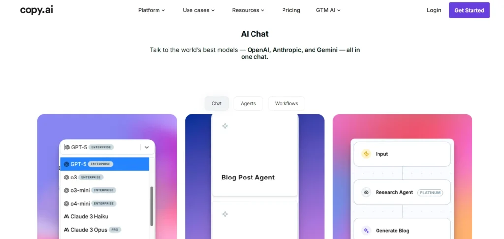 Copy.ai AI chat platform interface showing GPT-5, Anthropic, and Gemini model options with workflow automation features