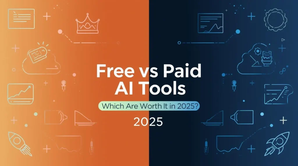 comparison of free vs paid AI tools in 2025, with icons symbolizing free features on the left and premium business tools on the right.