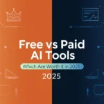 comparison of free vs paid AI tools in 2025, with icons symbolizing free features on the left and premium business tools on the right.