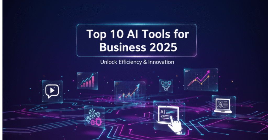 Futuristic AI business concept showing technology icons and holographic charts with the title “Top 10 AI Tools for Business 2025