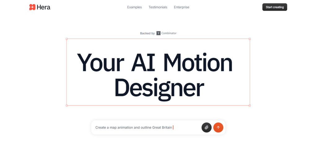 Hera AI homepage showcasing tagline 'Your AI Motion Designer' with example input for creating map animations