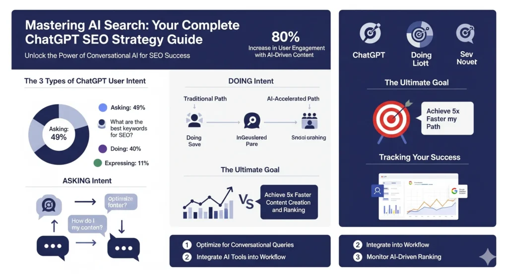 ChatGPT SEO strategy infographic showing user intent breakdown: 49% asking, 40% doing, 11% expressing, with AI search optimization tips and tracking metrics
