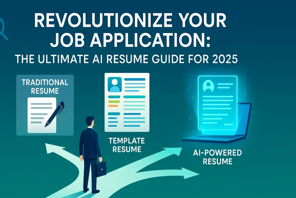 Featured image showing a futuristic job seeker choosing between traditional, template, and AI-powered resumes, symbolizing the shift to AI-driven resume building in 2024.