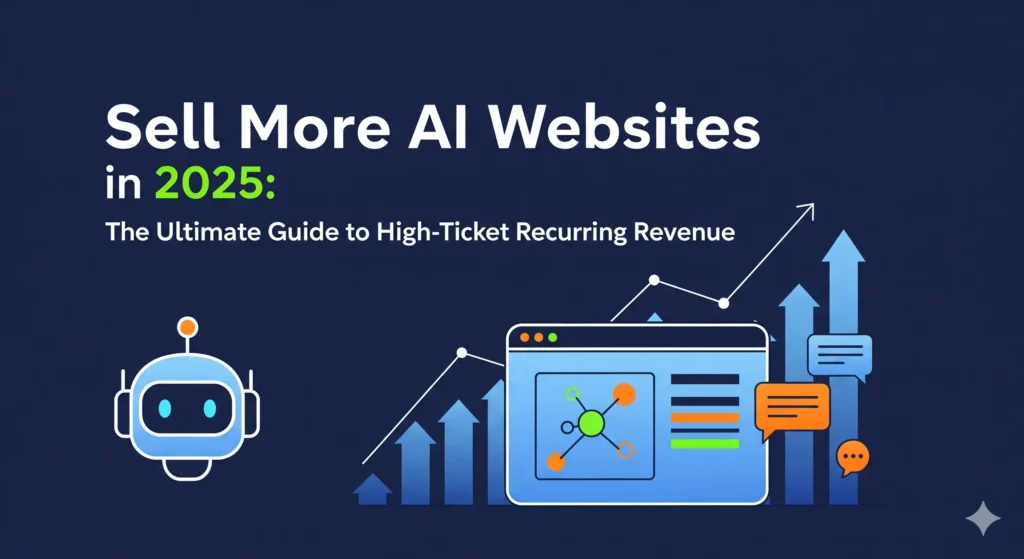 Sell More AI Websites in 2025: The Ultimate Guide to High-Ticket Recurring Revenue,” showing a friendly AI robot with website screens, chatbot icons, and an upward growth chart on a blue background.