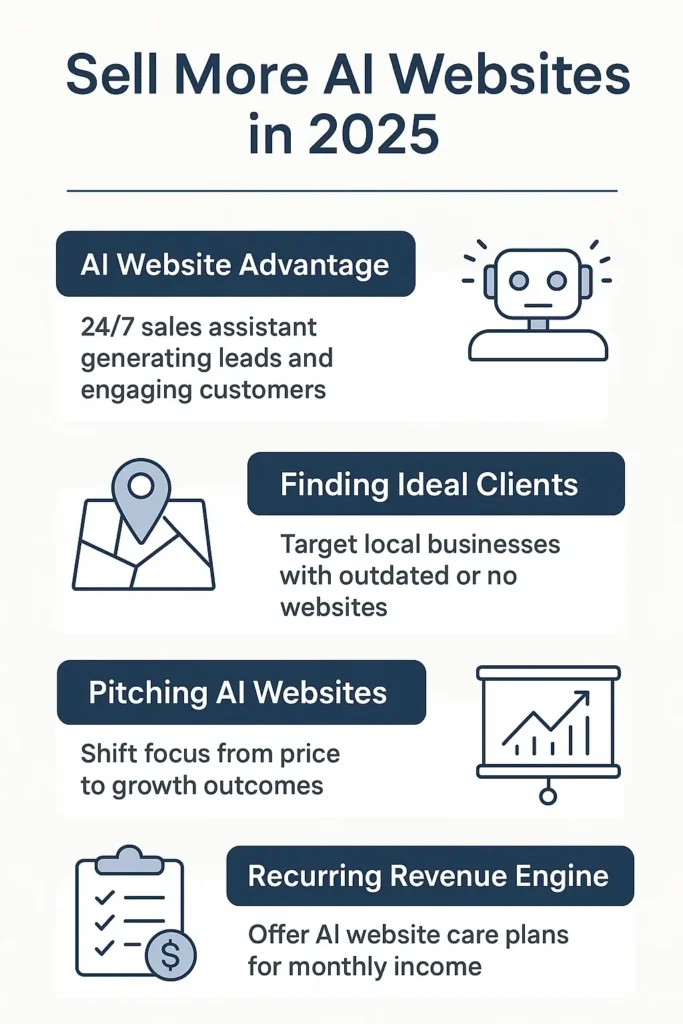 Sell More AI Websites in 2025” showing four key strategies: AI Website Advantage, Finding Ideal Clients, Pitching AI Websites, and Recurring Revenue Engine, with simple icons and clean design.
