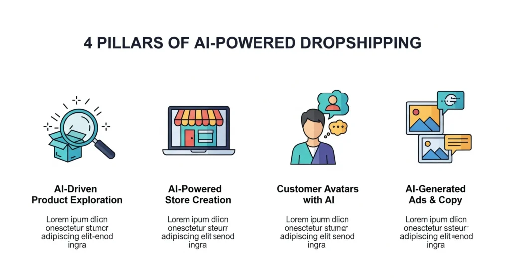 Infographic illustrating the 4 pillars of AI-powered dropshipping: product exploration, store creation, customer avatars, and AI-generated ads.