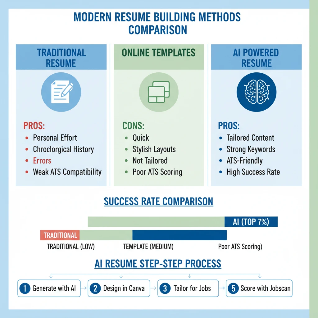 Infographic comparing traditional resumes, online templates, and AI-powered resumes with pros, cons, and success scores, highlighting why AI resumes rank highest in 2024.