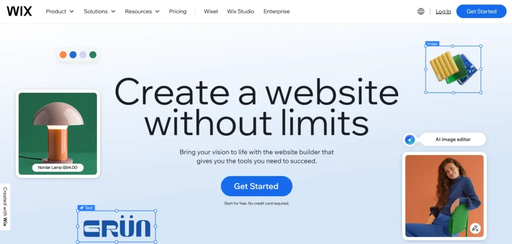 Wix website builder interface showing a landing page with the text Create a website without limits,