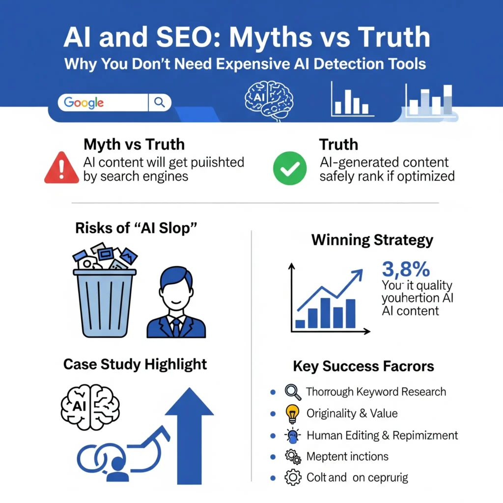 Infographic explaining the truth about AI and SEO, covering myths vs truths, risks of AI slop, strategies for AI-powered content, Rankability case study, and importance of backlinks.