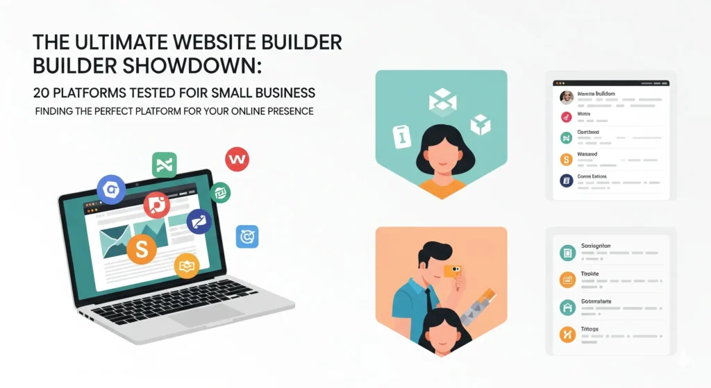 Infographic comparing 20 website builders for small businesses, highlighting top picks, budget-friendly options, AI integration, and design tools, with Squarespace as the recommended platform.