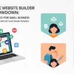 Infographic comparing 20 website builders for small businesses, highlighting top picks, budget-friendly options, AI integration, and design tools, with Squarespace as the recommended platform.