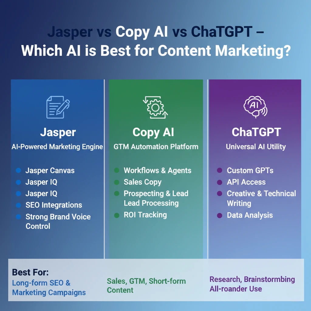 comparing Jasper, Copy AI, and ChatGPT for content marketing, highlighting features, pricing, and best use cases