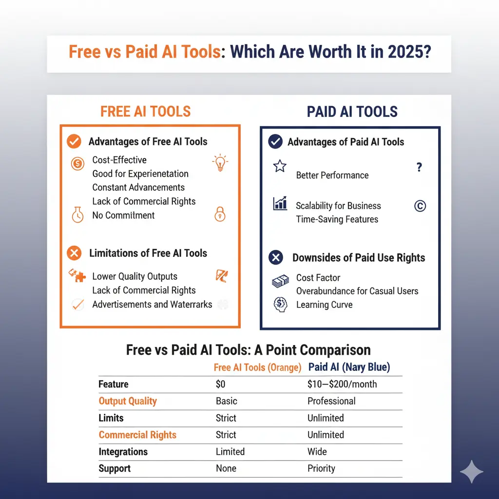 Infographic comparing free vs paid AI tools in 2025, highlighting pros, cons, and a feature comparison table including cost, quality, limits, rights, integrations, and support