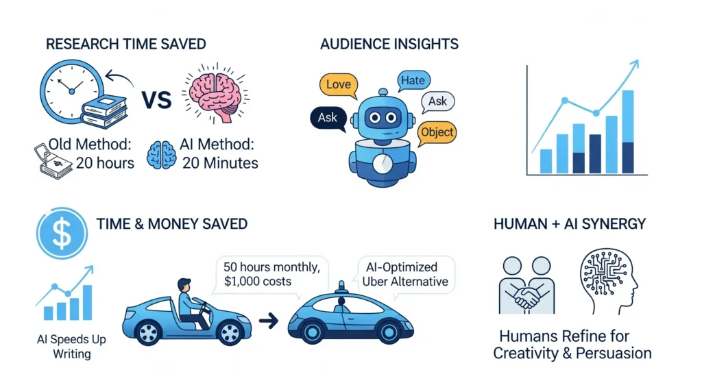 futuristic infographic illustrating the benefits of AI-powered copywriting. The infographic is divided into four sections: Research Time Saved, Audience Insights, Time & Money Saved, and Human + AI Synergy. It features icons for a clock, books, chatbot, and dollar signs, all in a blue, white, and neon color scheme.