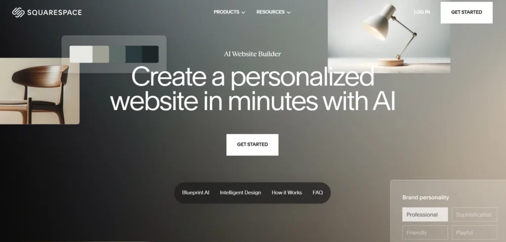 A website builder landing page from Squarespace with the headline "Create a personalized website in minutes with AI