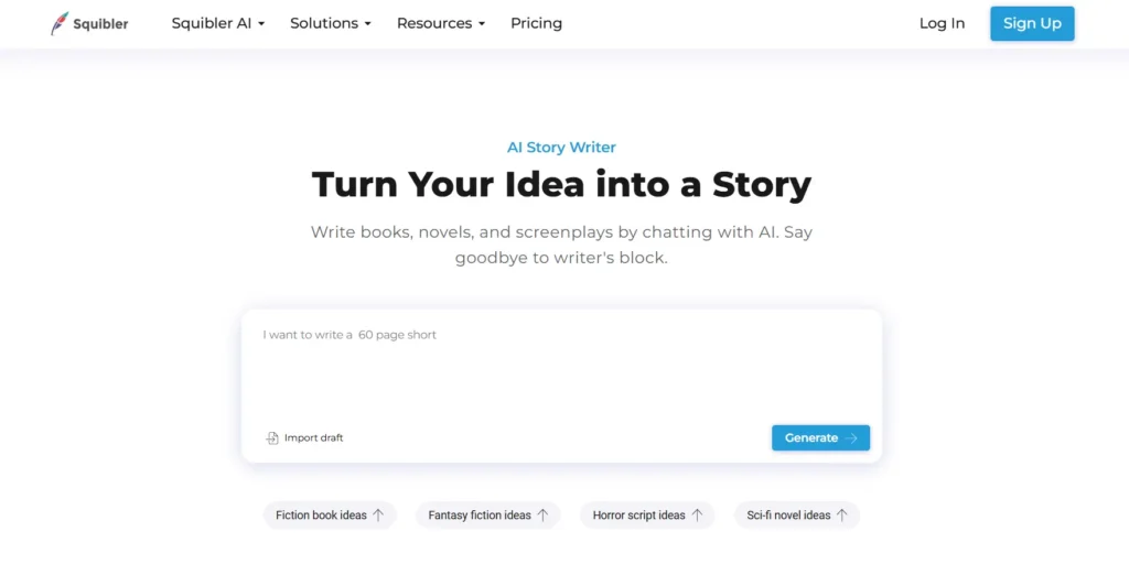 Squibler AI story writer homepage - turn your idea into a story with AI-generated books and screenplays