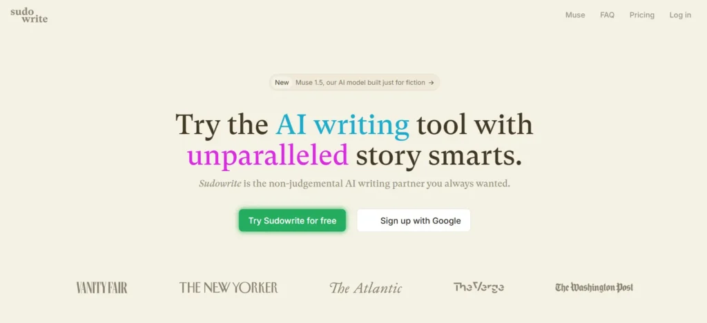 AI writing tool comparison - Sudowrite homepage inviting users to try advanced story writing features