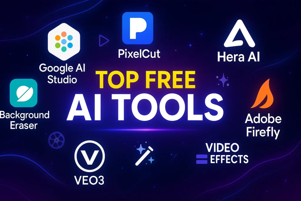 top free AI tools for video editing including Google AI Studio, PixelCut, Hera AI, Adobe Firefly, VEO3, and more, with futuristic neon design