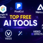 top free AI tools for video editing including Google AI Studio, PixelCut, Hera AI, Adobe Firefly, VEO3, and more, with futuristic neon design