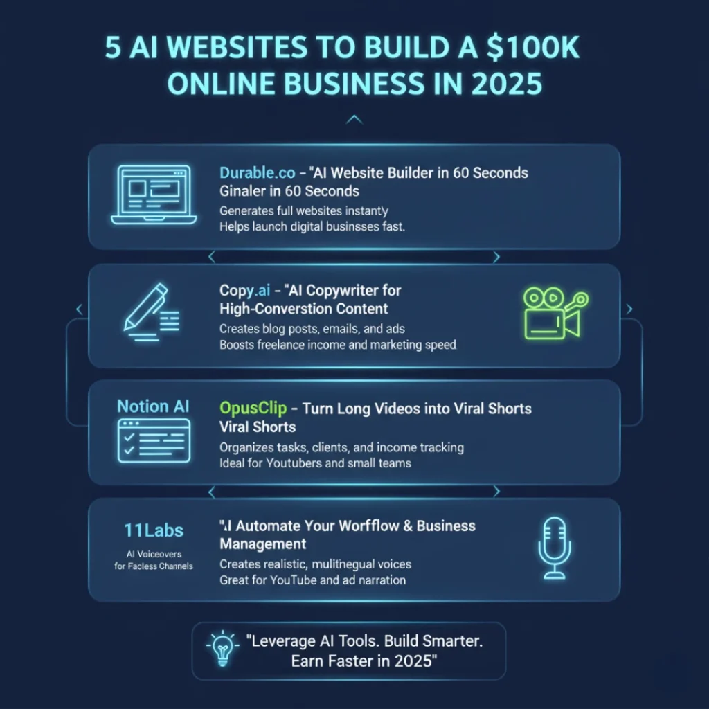 five AI websites to build a $100K online business in 2025, featuring Durable.co, Copy.ai, OpusClip, Notion AI, and 11Labs with their main features and benefits.