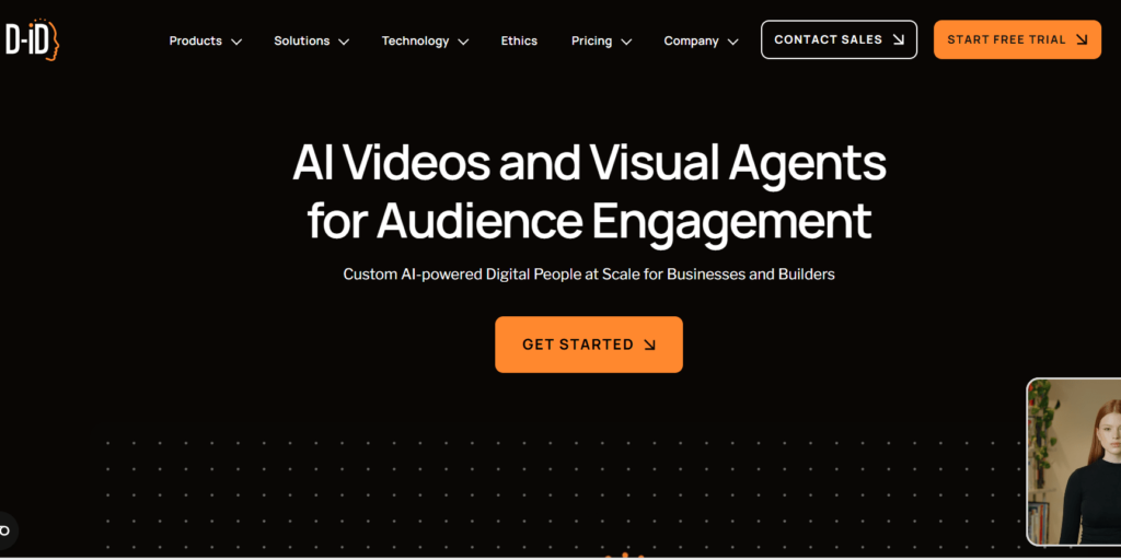 D-ID homepage showcasing AI video and visual agent technology for audience engagement, featuring a “Get Started” button and digital avatar preview.