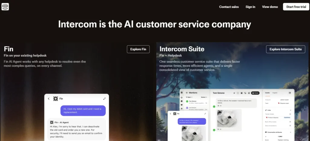 Intercom homepage showing Fin AI customer service product on the left and Intercom Suite on the right, with examples of AI-assisted customer support conversations.