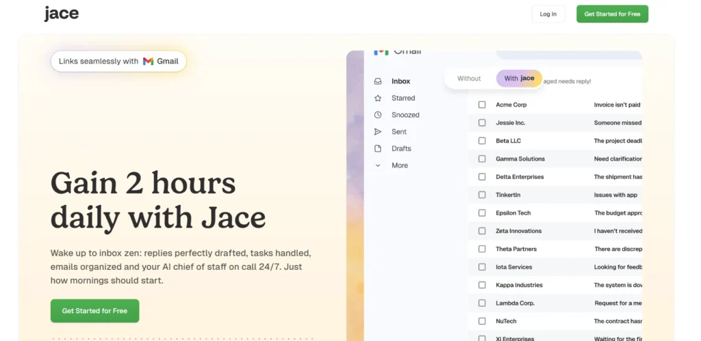 Jace AI email assistant interface showing Gmail integration and inbox automation with the tagline ‘Gain 2 hours daily with Jace