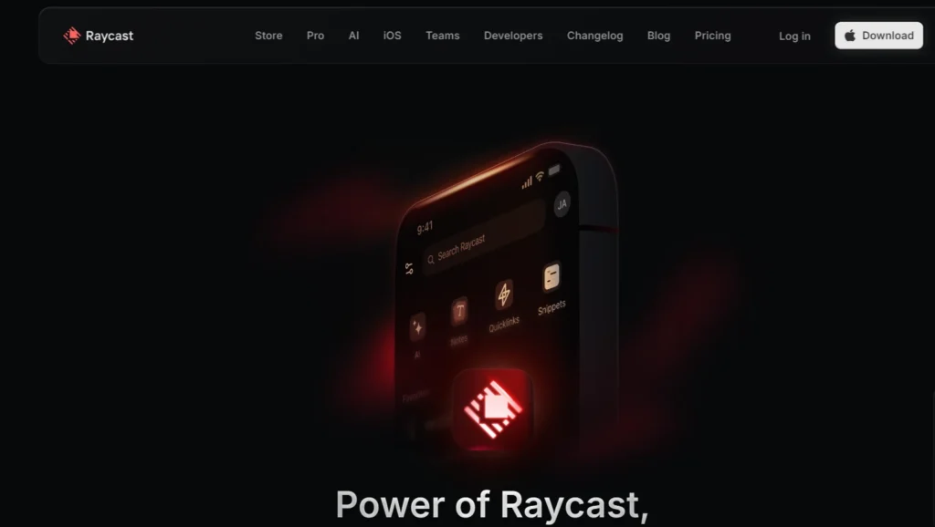 Raycast application interface shown on a dark-mode smartphone screen with the search bar, 'AI,' 'Notes,' 'Quicklinks,' and 'Snippets' features visible, under the headline "Power of Raycast," a productivity app