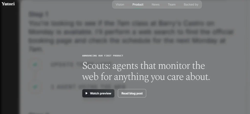 Scouts AI agents product announcement showcasing web monitoring tool that tracks online updates and alerts users for anything they care about.