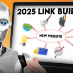 A silver humanoid robot holding a microphone stands beside a laptop screen displaying the text “2025 Link Building” and a mind map titled “New Website” on an orange background.
