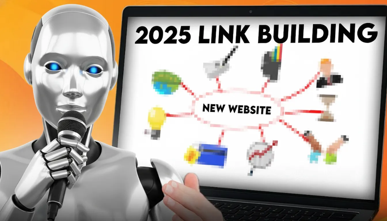 A silver humanoid robot holding a microphone stands beside a laptop screen displaying the text “2025 Link Building” and a mind map titled “New Website” on an orange background.