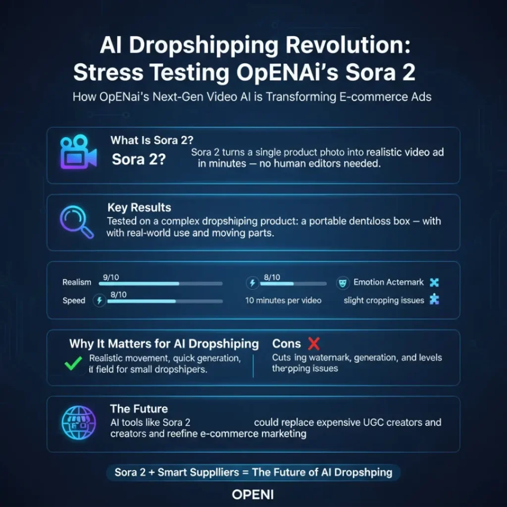 summarizing how OpenAI’s Sora 2 transforms AI dropshipping by creating realistic video ads from product photos, with test results, pros, and cons.