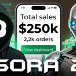 A futuristic image featuring a robot and a hooded AI figure standing beside a smartphone screen showing "$250k total sales and 2.2k orders," symbolizing the power of AI-driven dropshipping with Sora 2.