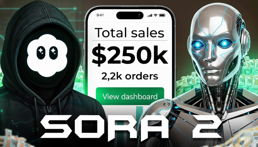A futuristic image featuring a robot and a hooded AI figure standing beside a smartphone screen showing "$250k total sales and 2.2k orders," symbolizing the power of AI-driven dropshipping with Sora 2.