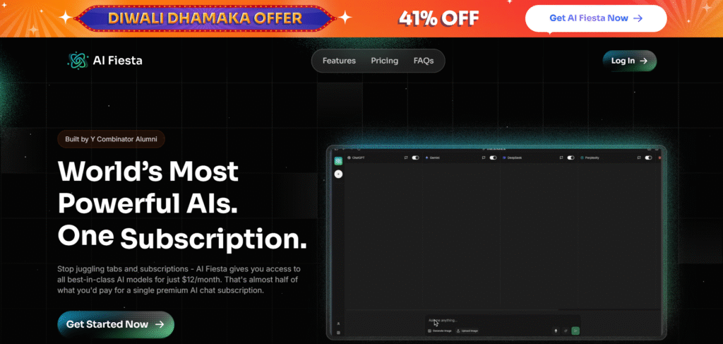AI Fiesta landing page promoting its Diwali Dhamaka Offer with 41% off, showcasing the tagline “World’s Most Powerful AIs. One Subscription.”