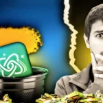 AI Fiesta app icon appears in a trash bin surrounded by cash and dollar bills, symbolizing controversy and financial loss.