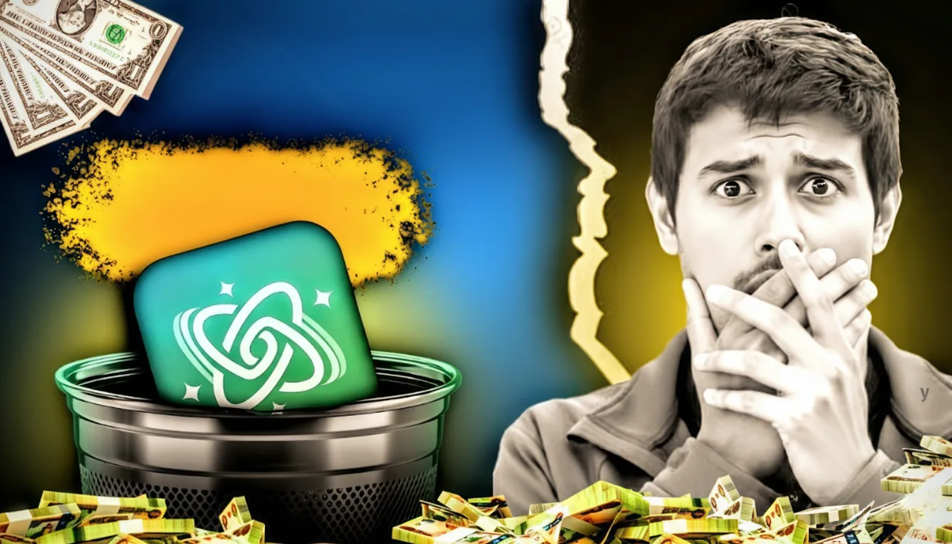 AI Fiesta app icon appears in a trash bin surrounded by cash and dollar bills, symbolizing controversy and financial loss.