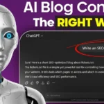 AI robot and human editor working together on SEO content strategy at a digital desk with charts, analytics, and keyword data.