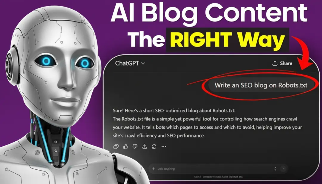 AI robot and human editor working together on SEO content strategy at a digital desk with charts, analytics, and keyword data.
