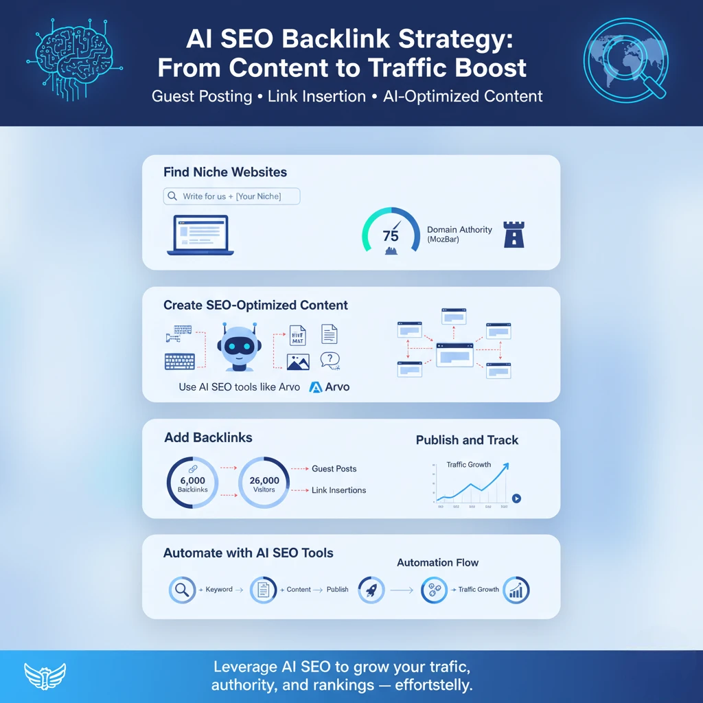 AI SEO backlink strategy infographic showing steps from content creation to traffic growth using tools like Arvo.